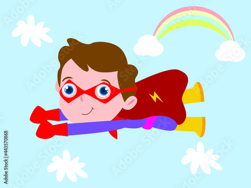 Happy little boy cartoon character flying on the sky with a super hero costume