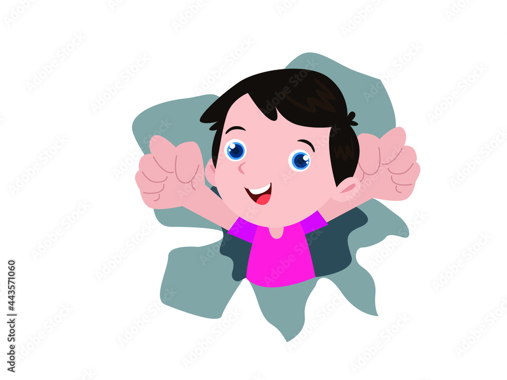 Cute boy cartoon character looking through torn paper Cute boy cartoon character looking through torn paper