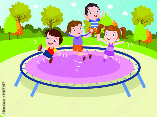 Cheerful children cartoon character jumping on the trampoline at the park
