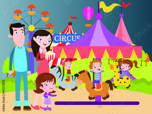 Amusement park vector concept. Happy family looking at kids riding animal carousels in amusement park