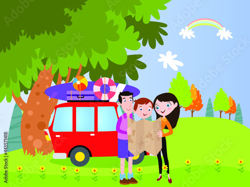 Happy family cartoon character traveling by car and looking at road map