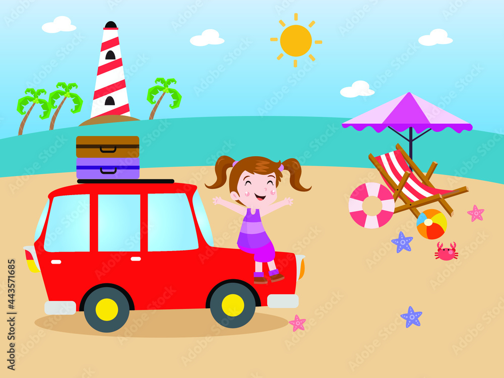Naklejka premium Cheerful little girl cartoon character sitting on the car and smiling while enjoying holiday at the beach