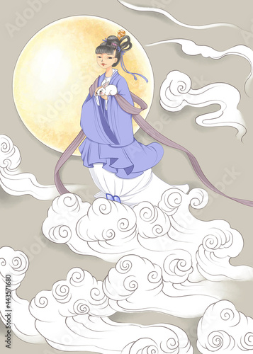 Chinese folk story, the goddess Chang'e flying to the moon. The Mid Autumn Festival. Colorful illustration, digital art.