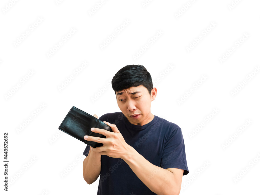 Portrait young Asian man excited to finding money in his wallet black color white isolate background Portrait young Asian man excited to finding money in his wallet black color white isolate background