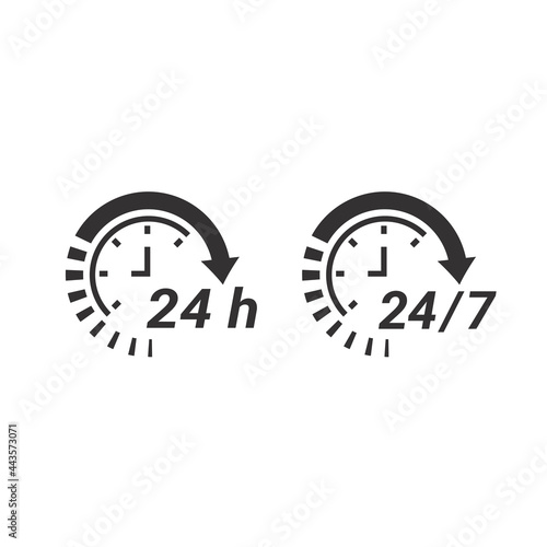 24 7 clock circle arrow for nonstop service icon. Non stop, twenty four hours support vector.