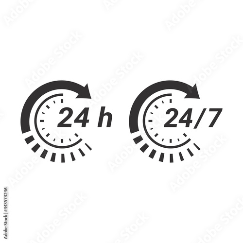 24 7 clock circle arrow for nonstop service icon. Non stop, twenty four hours support vector.