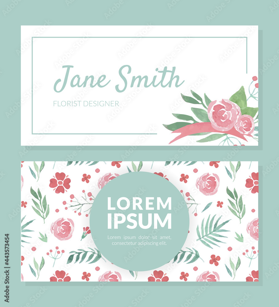 Floral Visit Card with Flower Arrangement Vector Template