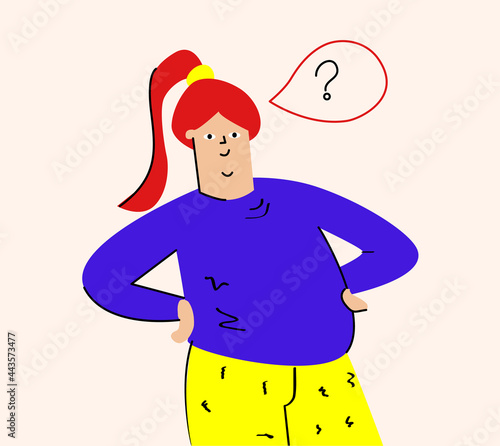 The woman looks questioningly with her hands on her hips. Question, puzzlement, surprise. Flat vector character