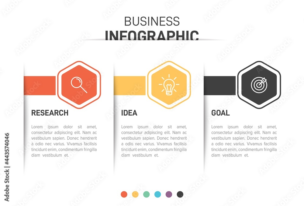 Fototapeta premium Concept of arrow business model with 3 successive steps. Three colorful graphic elements. Timeline design for brochure, presentation. Infographic design layout.