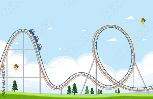 Amusement park scene with roller coaster photo