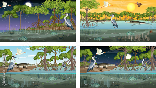 Different mangrove forest landscape scenes with various animals