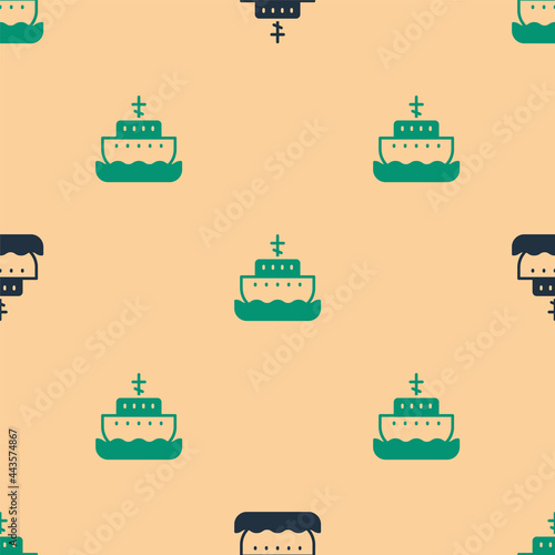 Green and black Ark of noah icon isolated seamless pattern on beige background. Wood big high cargo. Vector
