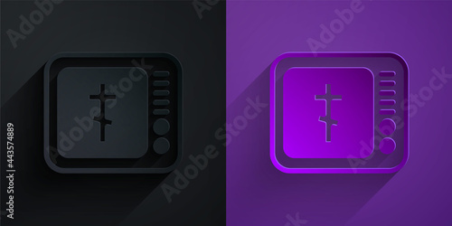 Paper cut Online church pastor preaching video streaming icon isolated on black on purple background. Online church of Jesus Christ. Paper art style. Vector
