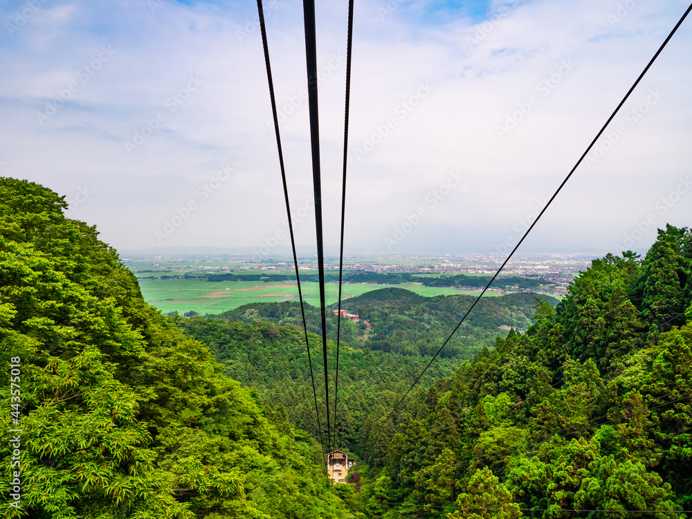Overlooking the town from window of a cable car (Mt.Yahiko, Yahiko, Niigata, Japan)
