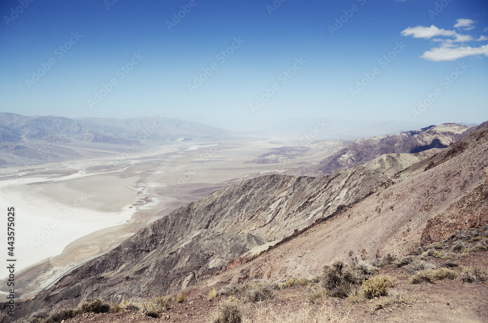 USA, DEATH VALLEY: Scenic landscape view of the saline from the top with the  mountains