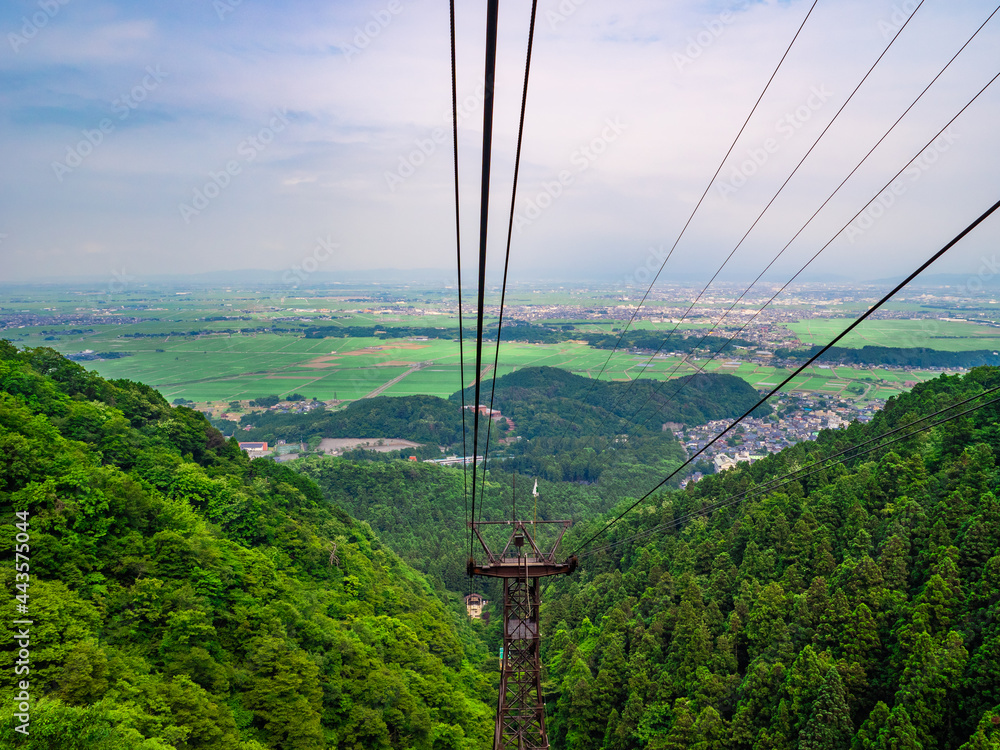 Overlooking the town from window of a cable car (Mt.Yahiko, Yahiko, Niigata, Japan)