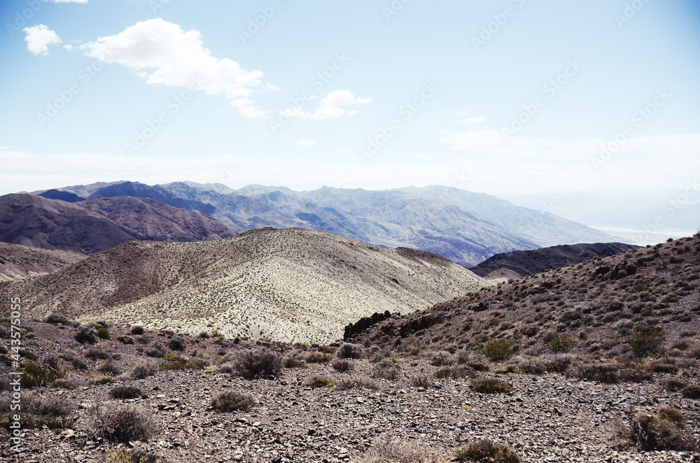 USA, DEATH VALLEY: Scenic landscape view of the saline from the top with the  mountains