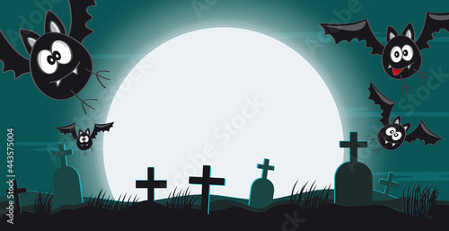 Halloween Vollmond mit Friedhof und lustigen Fledermäusen bei Nacht