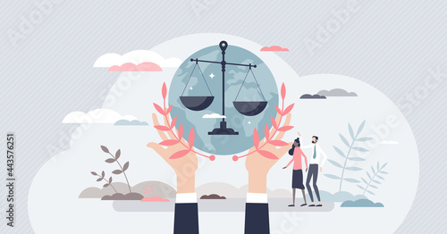 Social justice, equality and solidarity to all community tiny person concept. Gender discrimination, racism, and prejudice awareness with public honesty and tolerant peace movement vector illustration photo