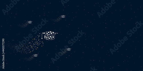 A square academic cap symbol filled with dots flies through the stars leaving a trail behind. There are four small symbols around. Vector illustration on dark blue background with stars