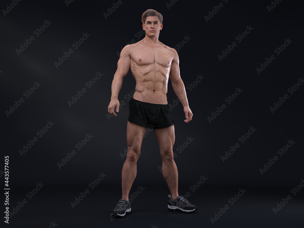 3D Render : A man wearing sport pants post action in the studio 3D Render : A man wearing sport pants post action in the studio