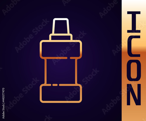 Gold line Plastic bottle for laundry detergent, bleach, dishwashing liquid or another cleaning agent icon isolated on black background. Vector