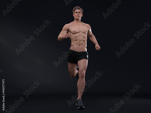 3D Render : A man wearing sport pants is running in front of the backdrop