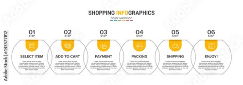 Concept of shopping process with 6 successive steps. Six colorful graphic elements. Timeline design for brochure, presentation, web site. Infographic design layout.