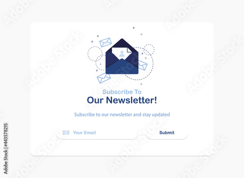 Vector banner illustration of email marketing. Subscription to newsletter, news, offers, promotions. A letter in an envelope. Buttons template. Subscribe, submit. Send by mail. Blue and White. Eps 10 photo