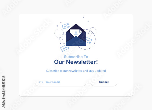 Vector banner illustration of email marketing. Subscription to newsletter, news, offers, promotions. A letter in an envelope. Buttons template. Subscribe, submit. Send by mail. Blue and White. Eps 10