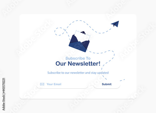 Vector banner of email marketing. Subscription to newsletter, news, offers, promotions. A letter in an envelope. Buttons template. Subscribe, submit. Send by mail. Follow me. Blue. Eps 10