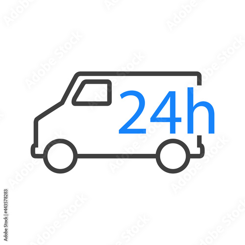 Servicio de entrega 24 horas. Icono con contorno de camión de reparto con lineas en color gris y azul