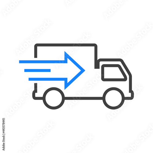Logo con camión de transporte con flecha y lineas de velocidad en color gris y azul