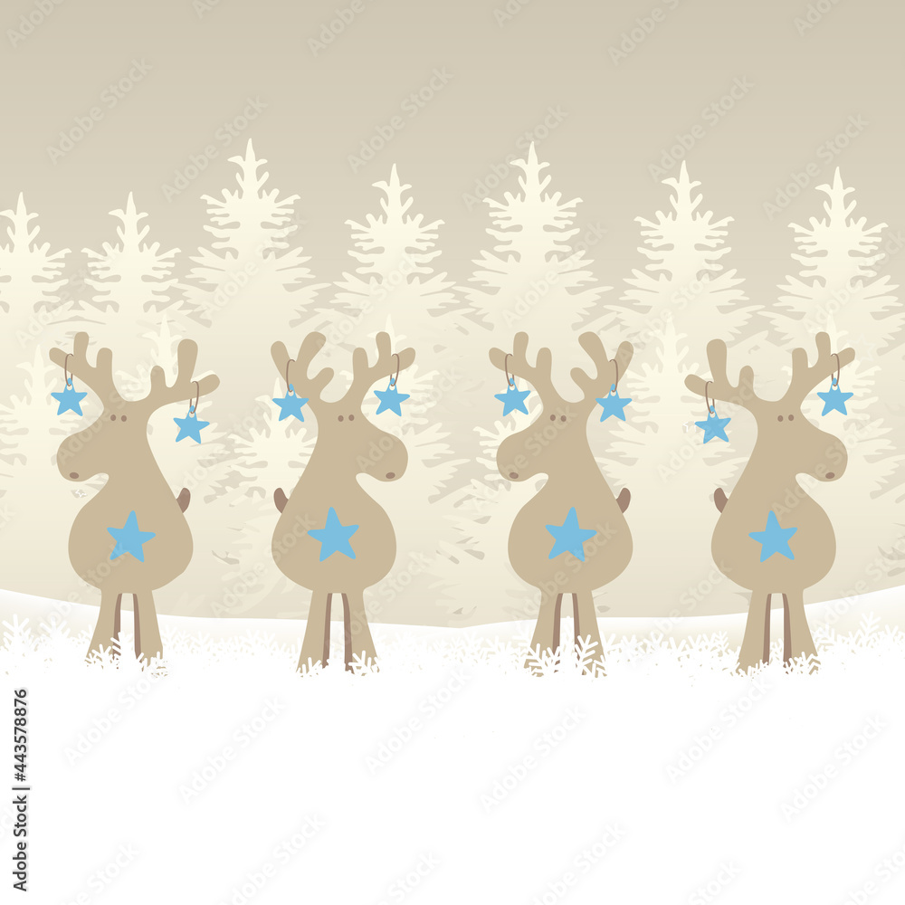 Weihnachten Rentiere im Schnee und Tannenwald, Cartoon Illustration Vektor