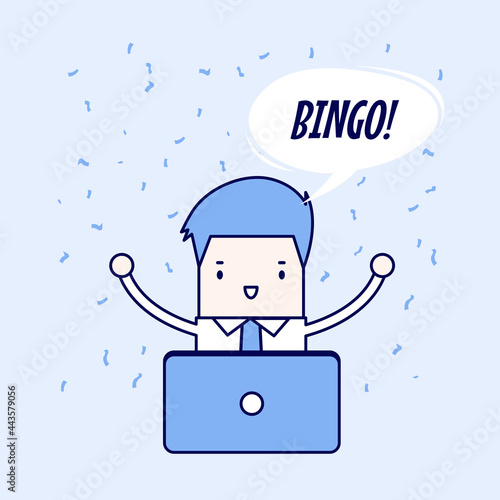 Businessman works on laptop and a win jackpot, financial success. Cartoon character thin line style vector.