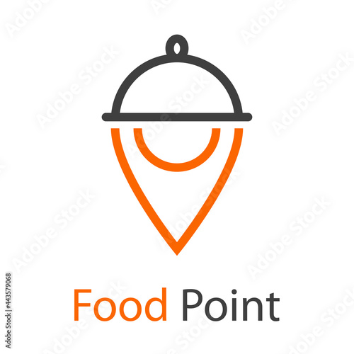 Logo con texto Food Point con bandeja de comida con tapadera en marcador de posición con lineas en color naranja y gris