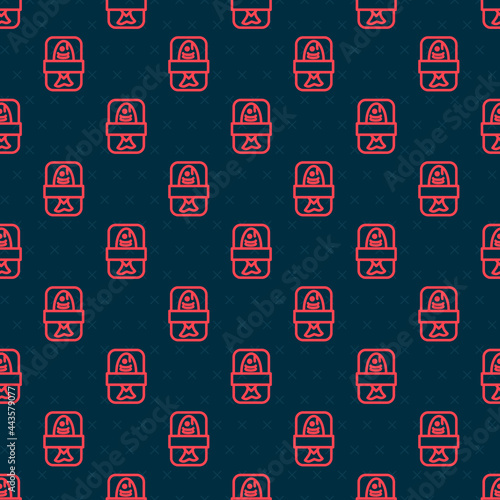 Red line Fish plastic tray container with cellophane cover icon isolated seamless pattern on black background. Vector
