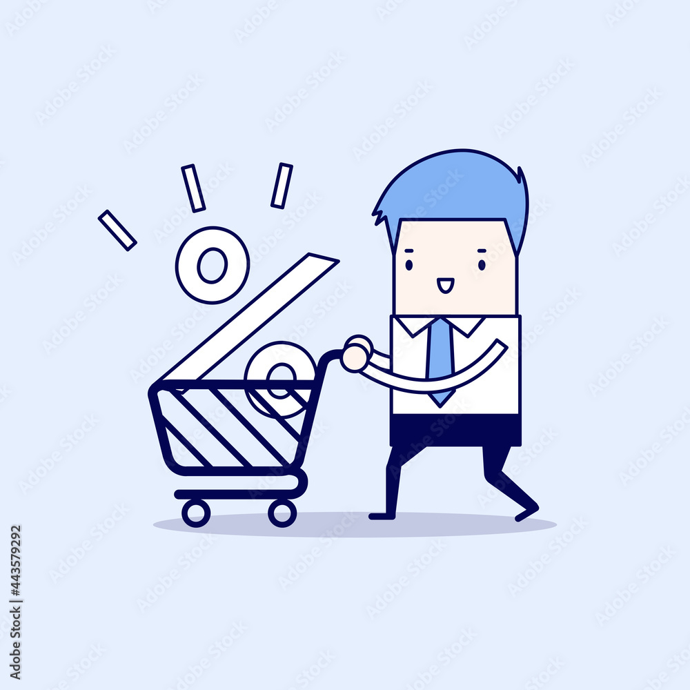Interest Rate Shopping, Businessman shopping for a good interest rate percentage. Cartoon character thin line style vector. Interest Rate Shopping, Businessman shopping for a good interest rate percentage. Cartoon character thin line style vector.