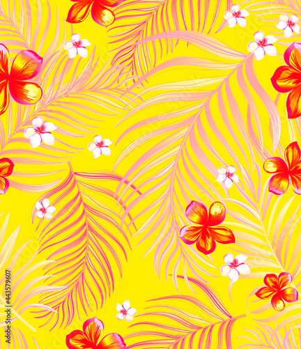 Fototapeta Naklejka Na Ścianę i Meble -  Tropical pattern with hibiscus, palm leaves. Summer vector background for fabric, cover, print design, wallpaper.