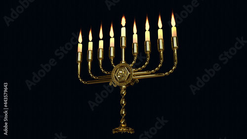 golden ornamental hanukkah menora glowing isolated. conceptual object 3D illustration