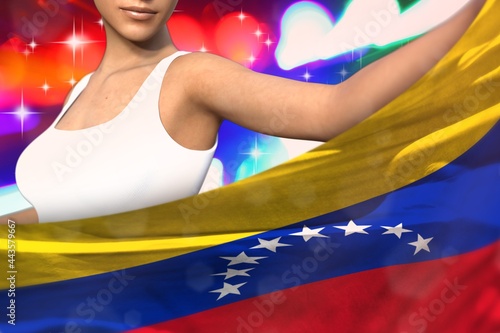 cute woman holds Venezuela flag in front on the party lights - flag concept 3d illustration