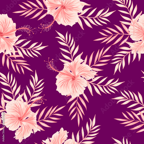 Tropical pattern with hibiscus, palm leaves. Summer vector background for fabric, cover, print design, wallpaper.