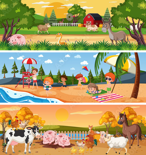 Different nature landscape at daytime scene with cartoon character