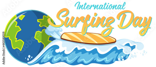 International Surfing Day font with surfboard on beach wave isolated