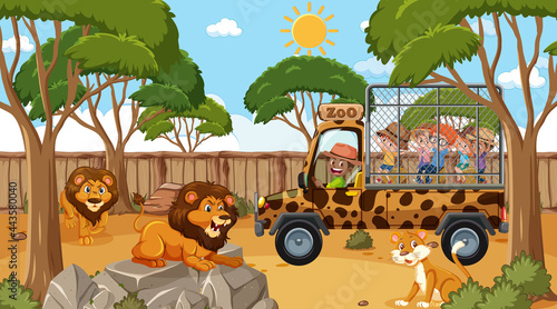Safari at day time scene with many kids watching lion group