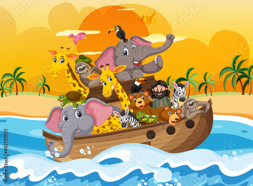 Fototapeta Naklejka Na Ścianę i Meble -  Animals on Noah's ark floating in the ocean scene