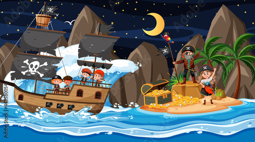 Treasure Island scene at night with Pirate kids on the ship