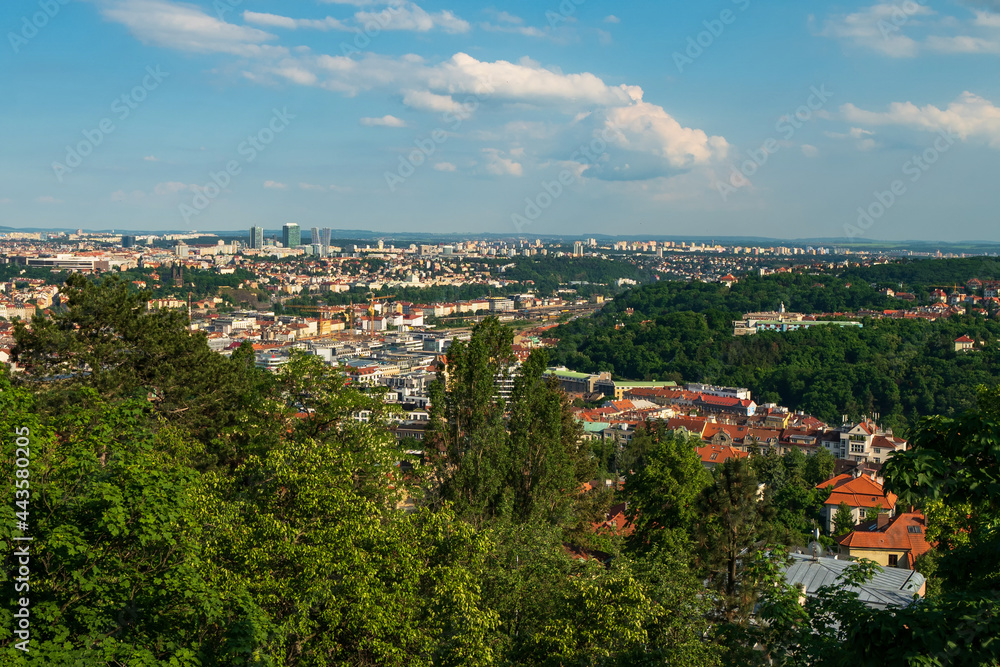 A view of the Lesser Town and Petrin hill with its famous lookout tower from Prague Castle ramparts
