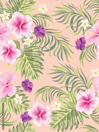 Tropical pattern with hibiscus, palm leaves. Summer vector background for fabric, cover, print design, wallpaper. © Logunova Elena