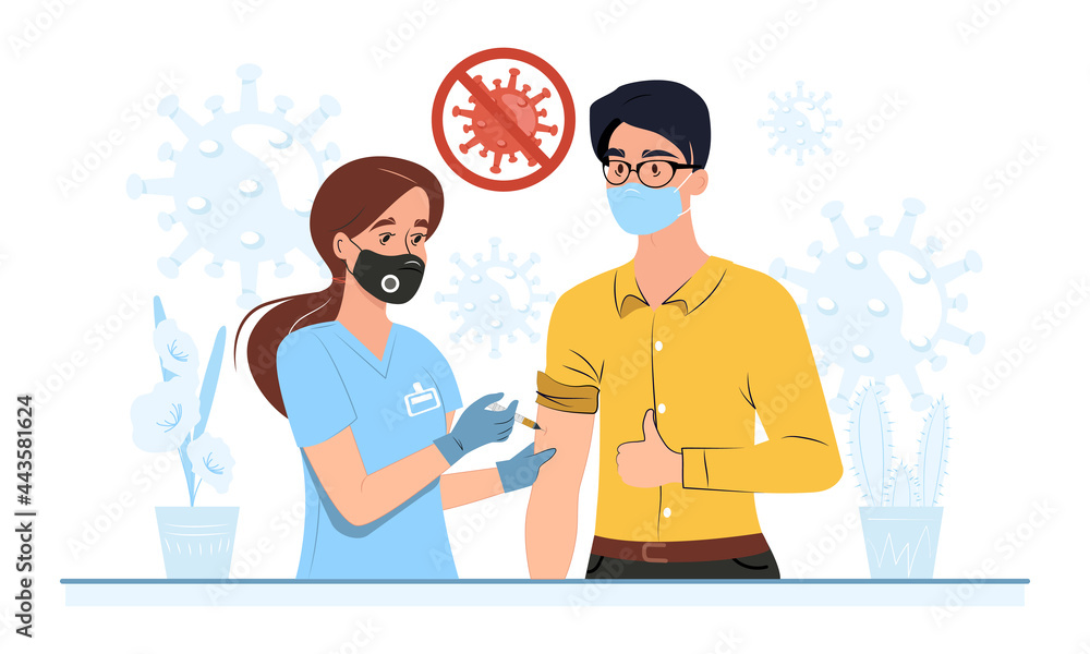 Doctor injecting vaccine to a patient. Antiviral vaccination. Vector illustration in a flat style Doctor injecting vaccine to a patient. Antiviral vaccination. Vector illustration in a flat style